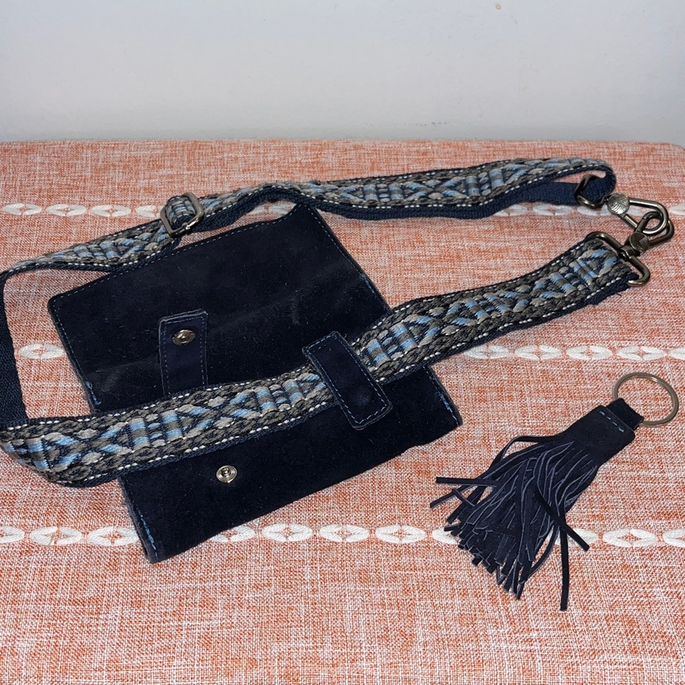 DARK BLUE Suede  BELT BAG with Tassel Keychain
